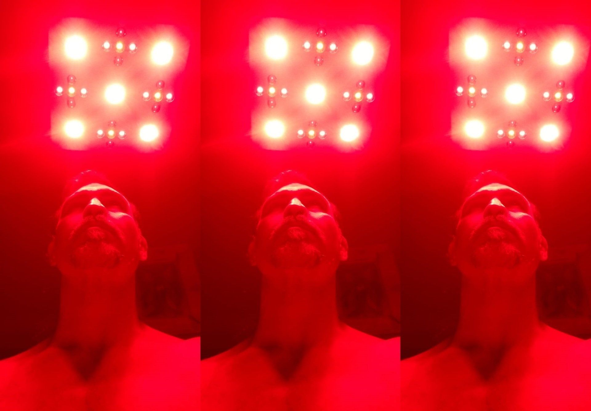 Person under intense red lights looking upward, shown in three repeated panels