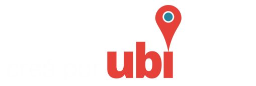 Logo « ubi » rouge avec une épingle de localisation au-dessus du « i ». L'épingle comporte un point bleu au centre.