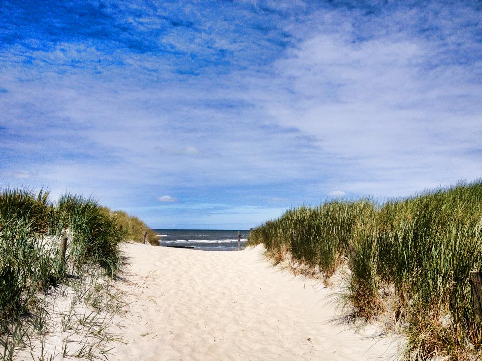 Sandy dune path leading to the sea under a blue sky with wispy clouds on a Dutch Wadden Island.