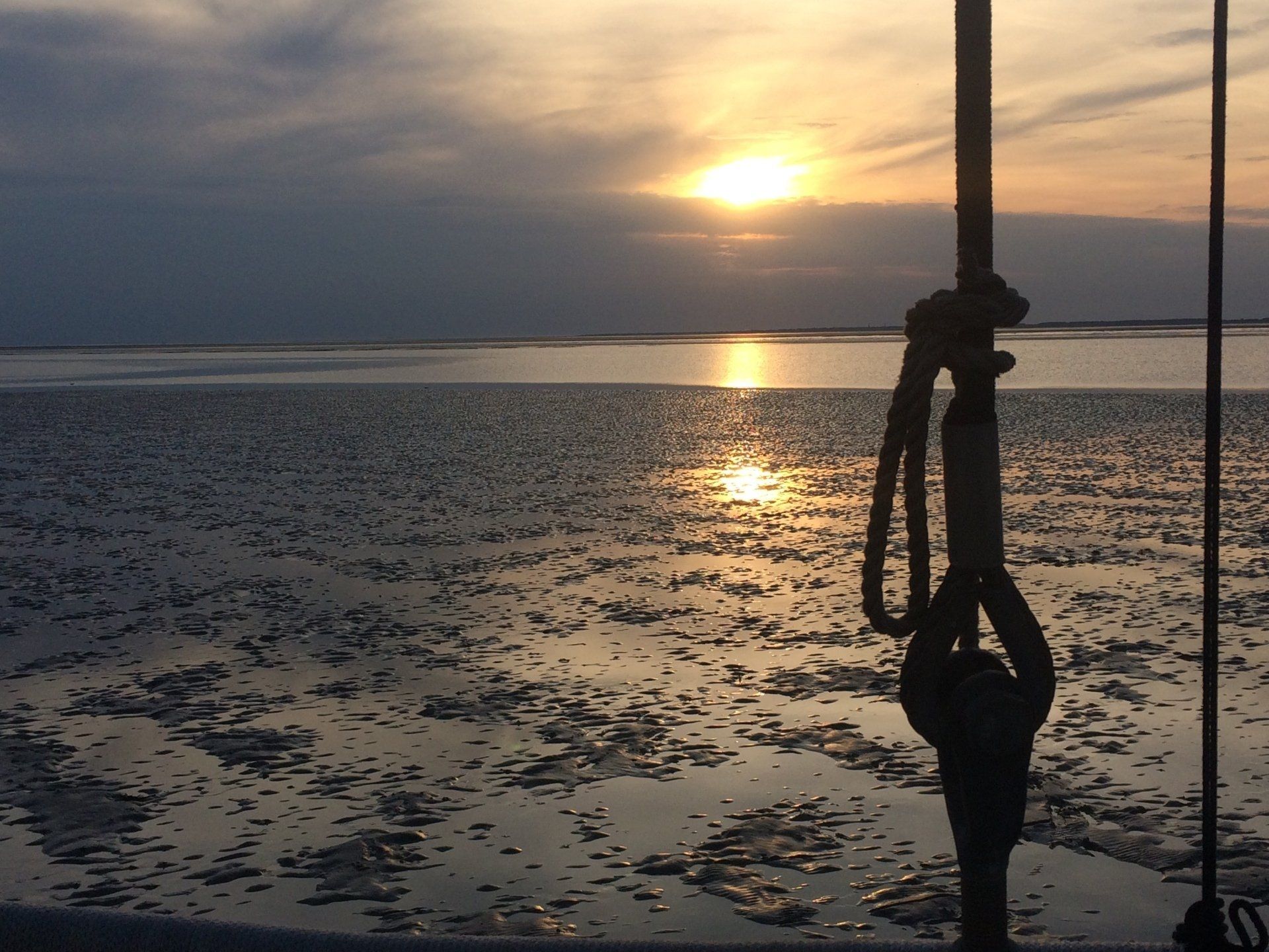 Wadden Sea sunset at low tide with rope in the foreground and quiet sandbanks in the distance.