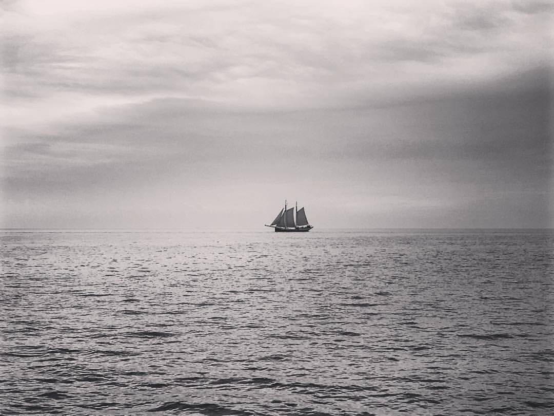 Traditional sailing ship on a calm sea with a distant horizon under overcast skies in the Netherlands.