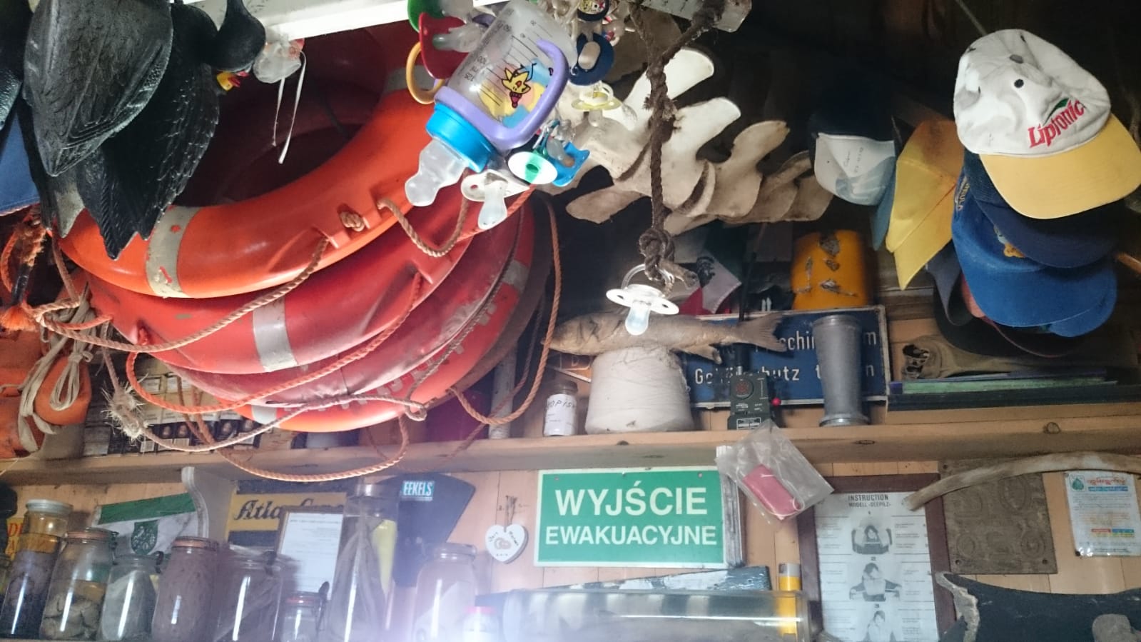 Storage rack with maritime gear on board: lifebuoys, plates and glasses ready for a Dutch sailing trip.