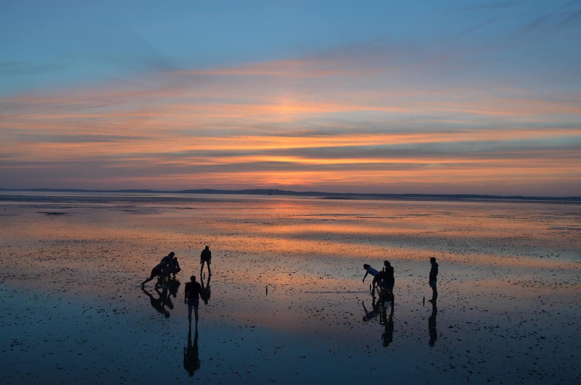 Sunset over a Wadden Sea sandbank at low tide, with silhouettes near the waterline under a colourful sky.