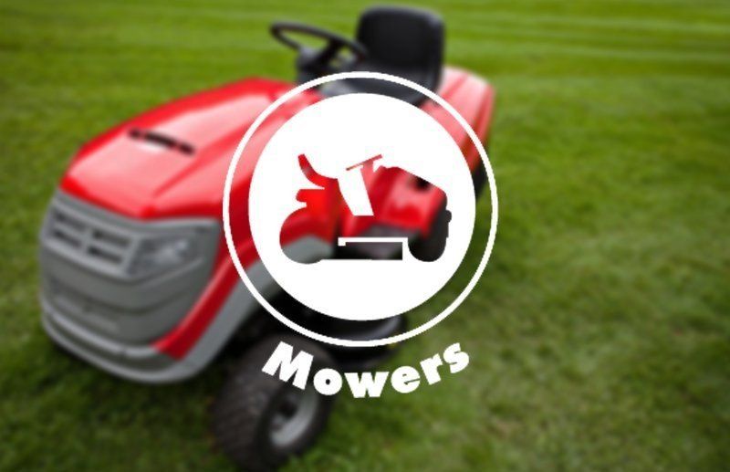 Red riding lawn mower on grass with Mowers logo overlay
