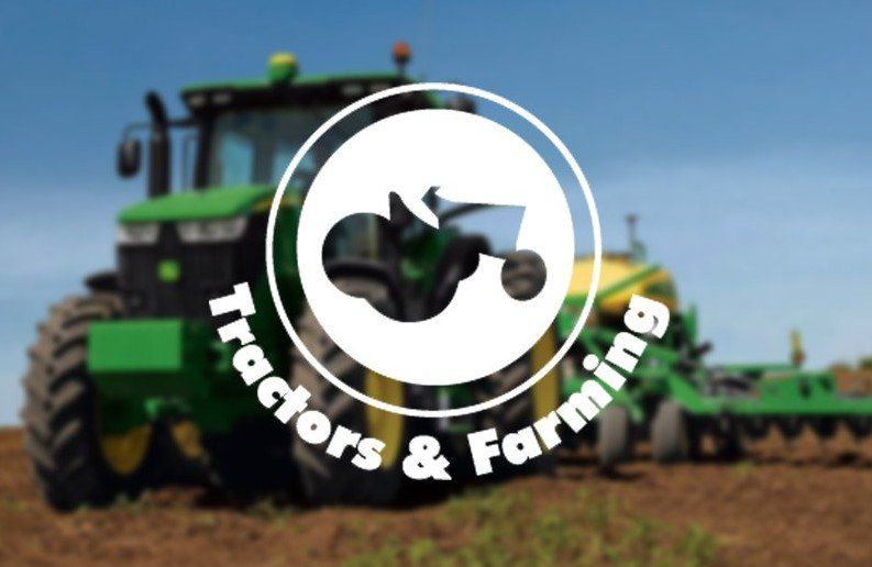 Green tractor in a field with a circular “Tractors & Farming” logo overlay.