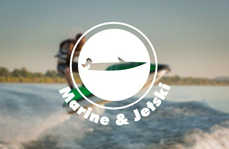 Jetskiing on open water with a circular Marine & Jetski logo overlay