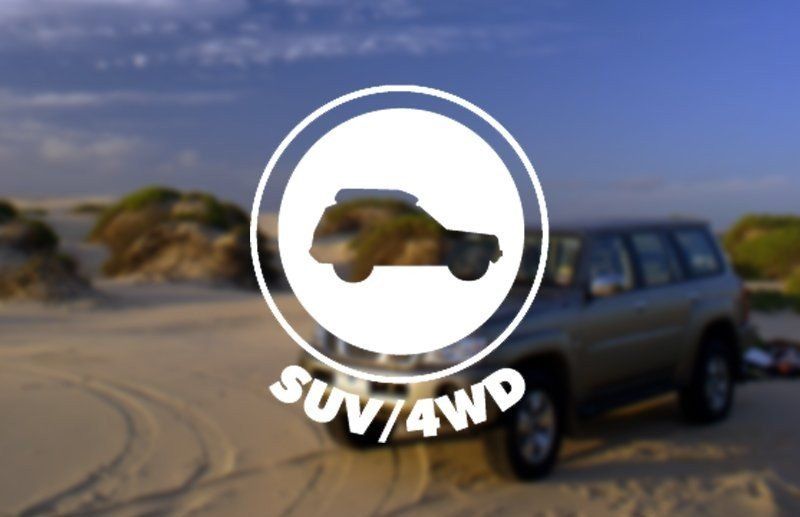SUV4WD logo over a blurred off-road SUV on a sandy beach at sunset