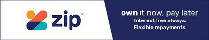Zip logo with text: “own it now, pay later,” “Interest free always,” and “Flexible repayments.”