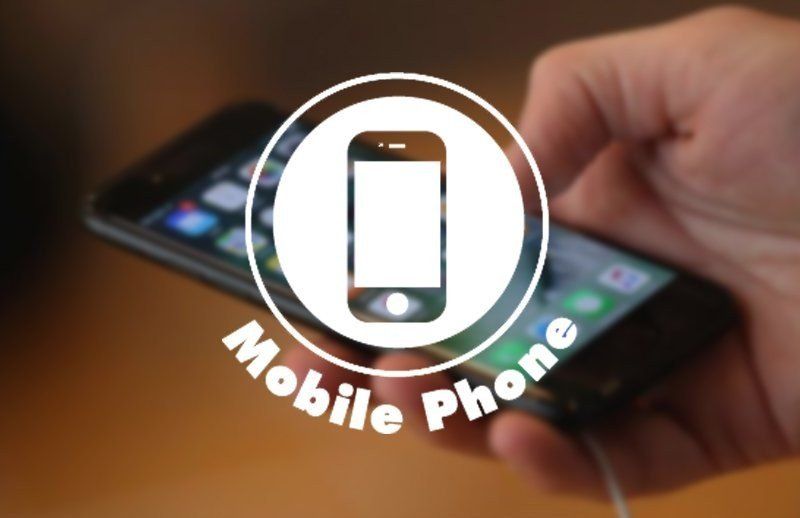 Hand holding a smartphone with a white “Mobile Phone” icon and text overlay