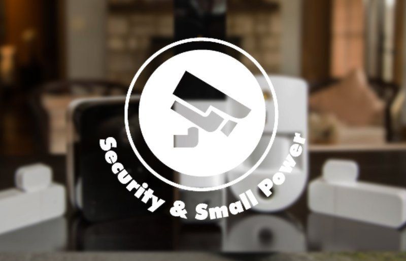 Security and Small Power logo with a camera icon over a blurred office background