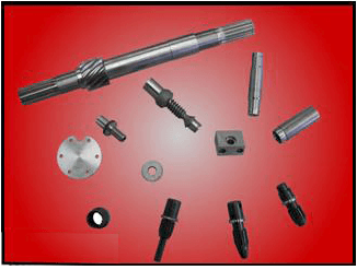 Metal machine parts scattered on a red background, including shafts and bolts.