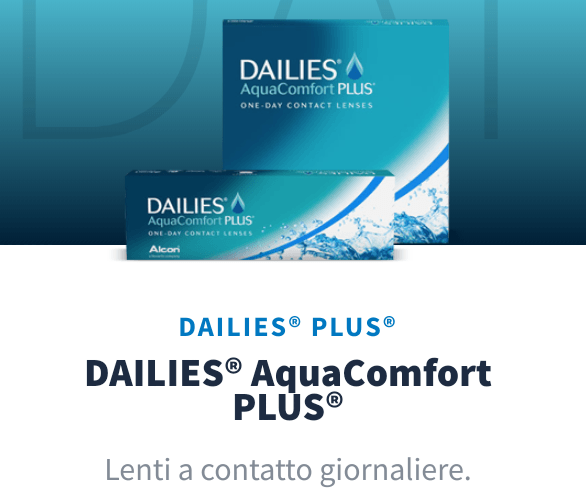 Scatole di lenti a contatto giornaliere DAILIES AquaComfort PLUS, sfondo blu. Testo: 