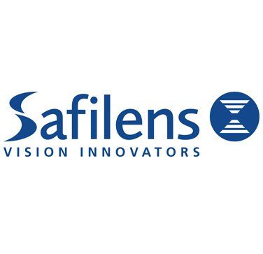 Logo Safilens con testo blu e simbolo stilizzato di una clessidra. Il testo recita 