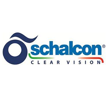 Logo per Schalcon, con la forma di un occhio blu, il nome del marchio in blu e la scritta 
