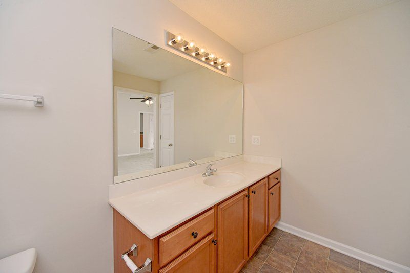 bacon master bedroom vanity: sink, mirror, and cabinets