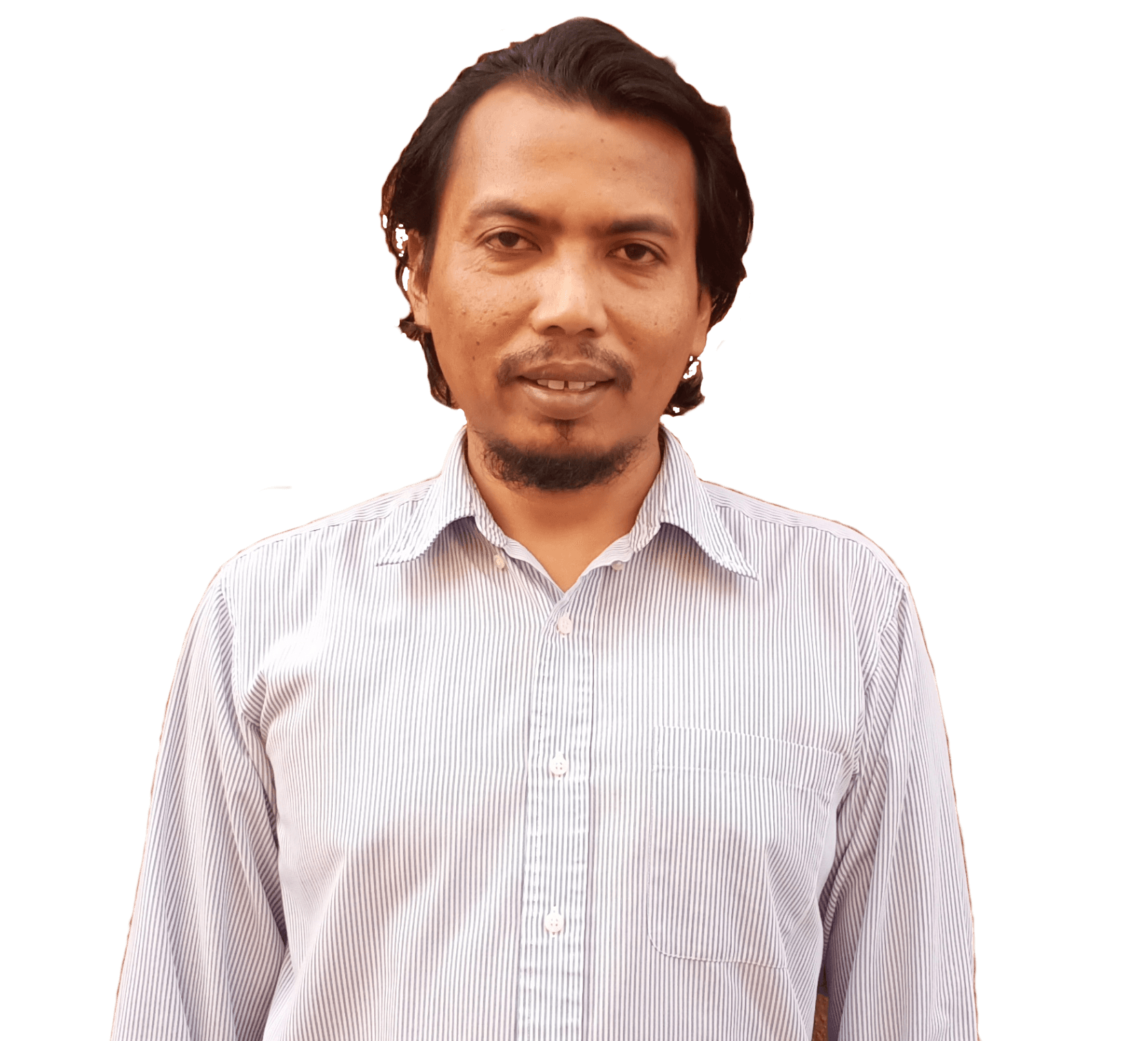 Man in striped shirt smiling, standing in front of a neutral background.