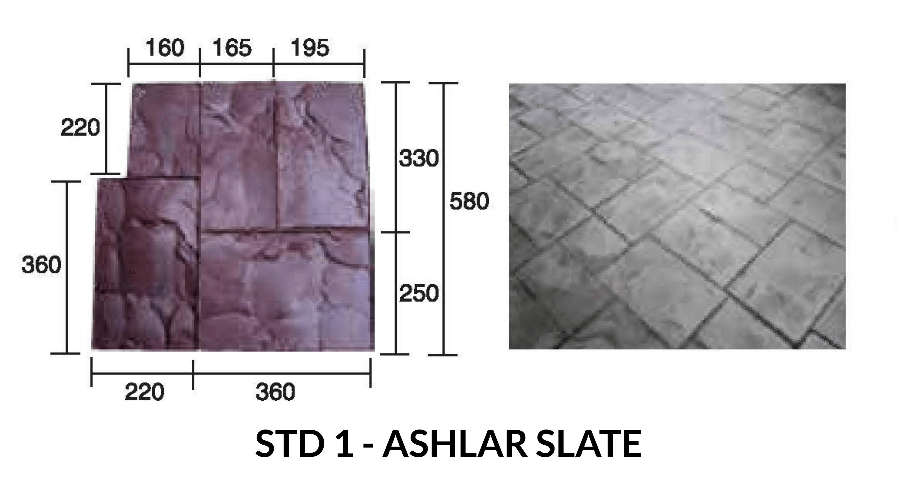 Diagram of ashlar slate pattern with dimensions, next to a finished concrete surface.
