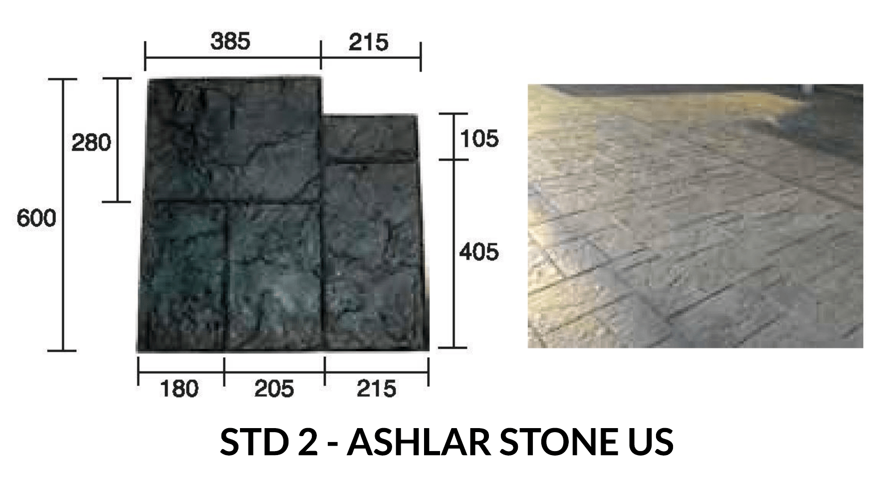 Diagram of a textured concrete paving stone with dimensions, alongside a photo of similar paving.