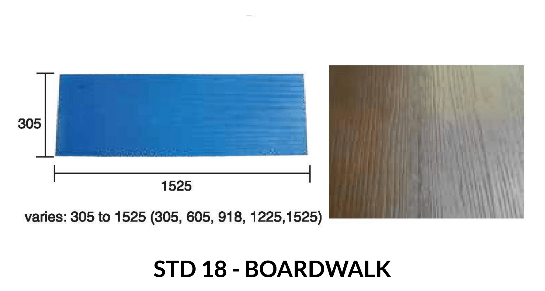 Blue and wood-grained rectangular samples with dimensions (in mm) labeled. Text: STD 18 - BOARDWALK.