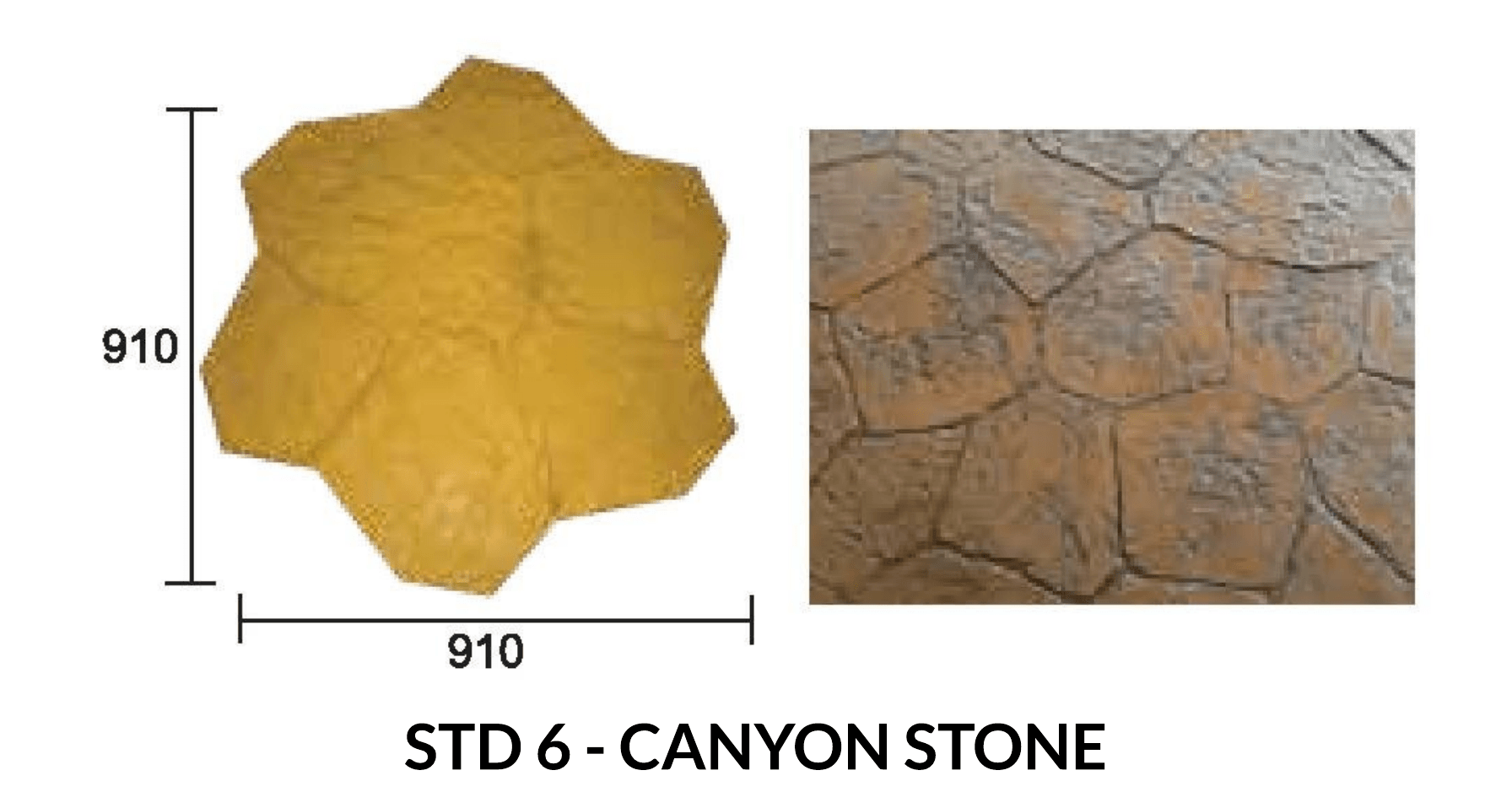 Yellow canyon stone patterned concrete paver with dimensions of 910mm, and a close-up of the stone pattern.