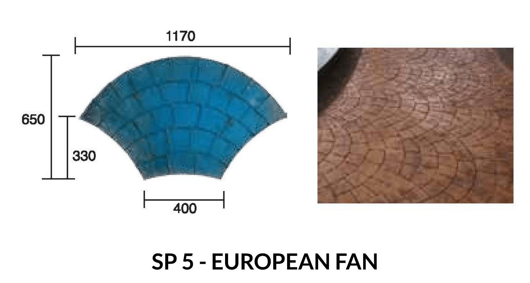 Diagram and photo of a fan-shaped concrete stamp pattern, featuring dimensions in millimeters.