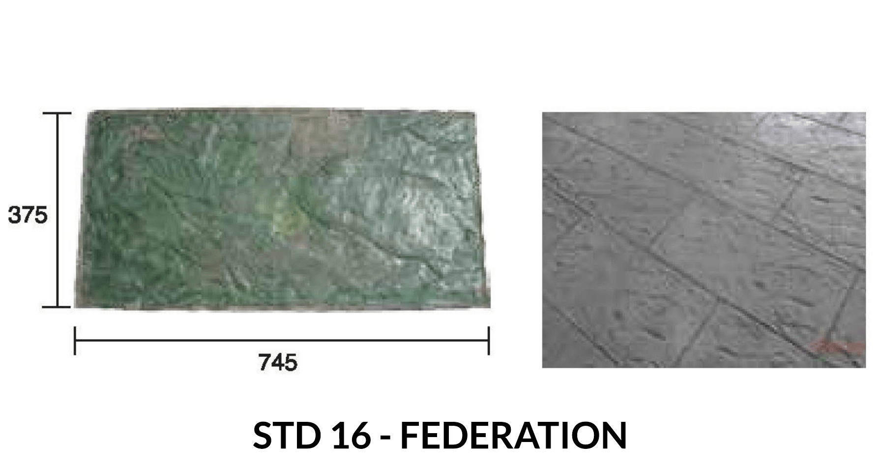 Green and grey concrete stamps with dimensions labeled; 