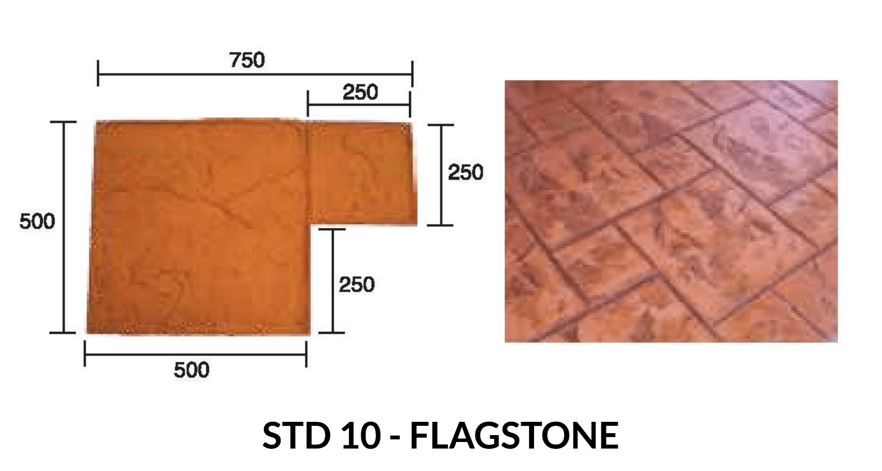 Diagram of an L-shaped flagstone with dimensions in millimeters. To the right, a patterned flagstone floor in brown tones.