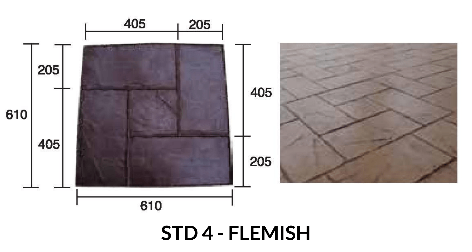 Diagram and photo of Flemish paving stones, with dimension labels. The stones are dark brown with a brick-like pattern.