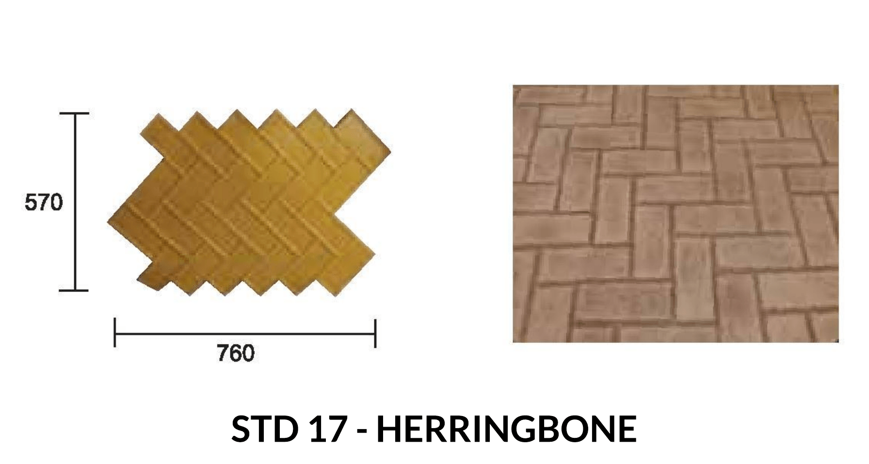 Diagram of herringbone paving stone and example pattern; tan and brown colors.