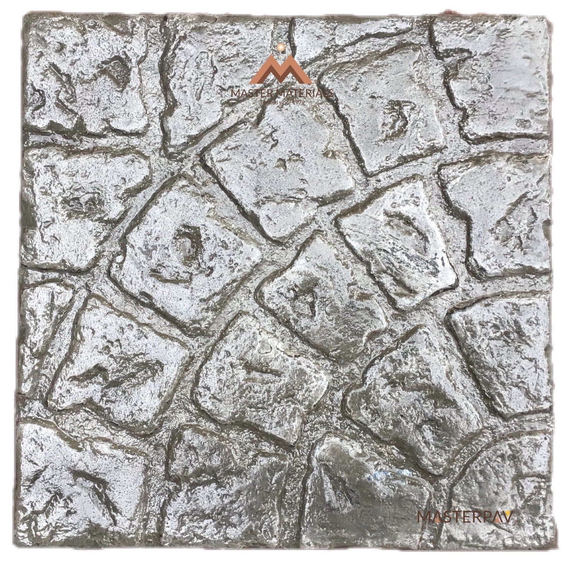Square concrete paver with cobblestone texture. Gray and white stones with dark gray grout.