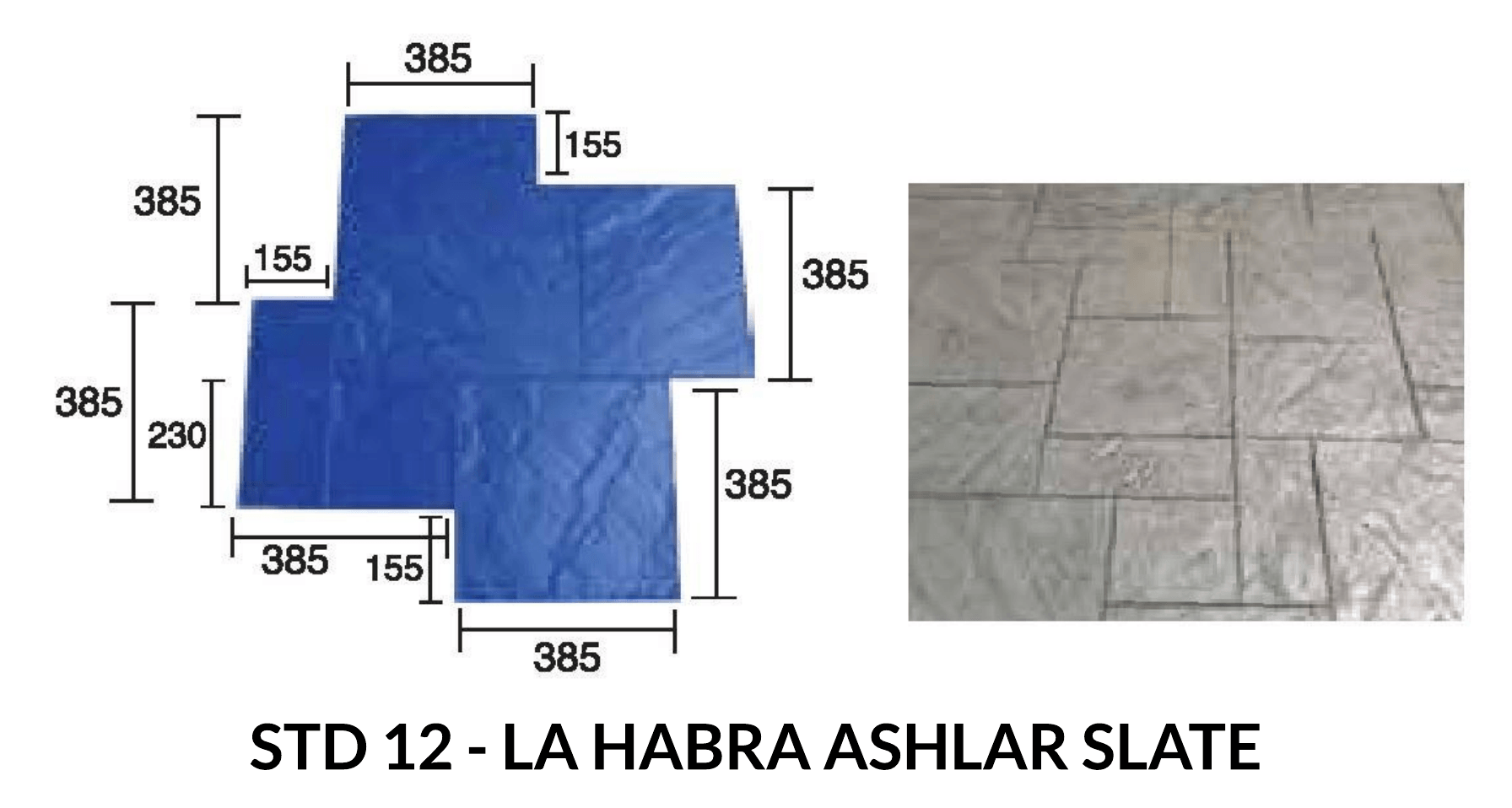 Diagram of a blue stamped concrete pattern with dimensions in millimeters; labeled 