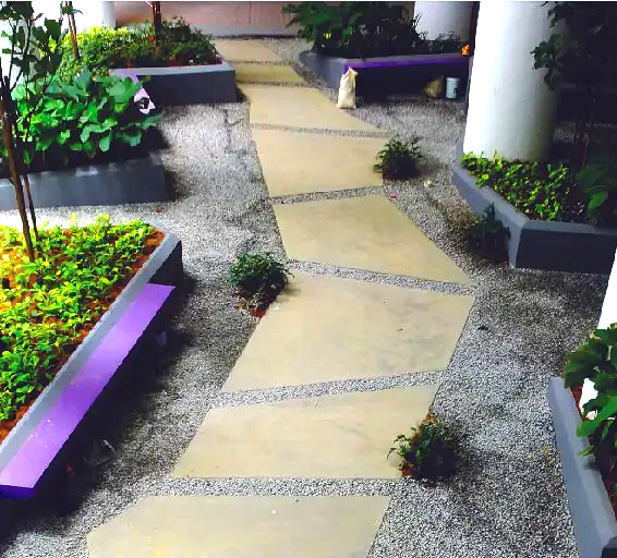 A stone pathway through a landscaped courtyard with plants, gravel, and purple benches.