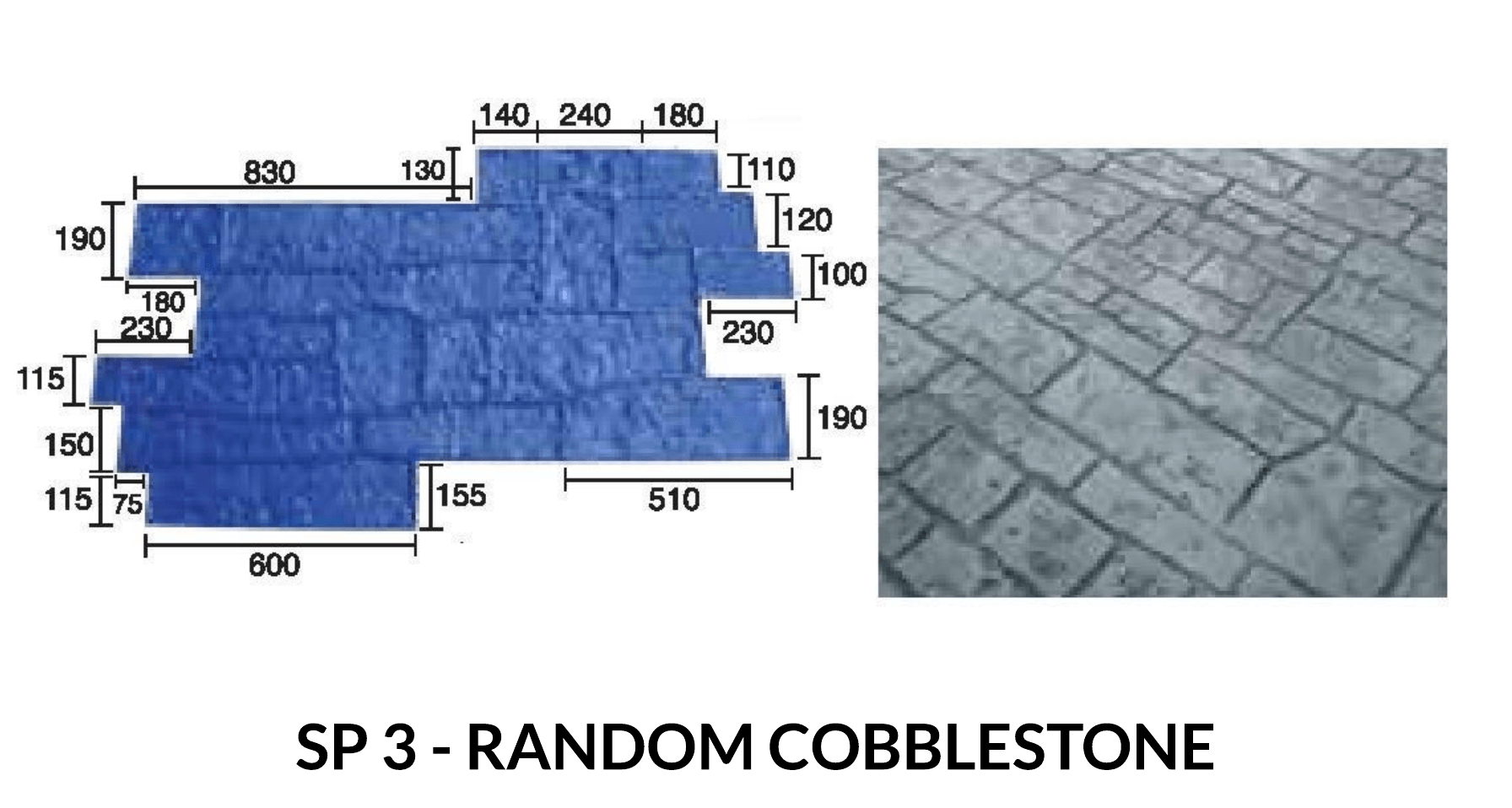 Blue rubber stamp for random cobblestone pattern with dimensions shown, and a finished gray concrete example.
