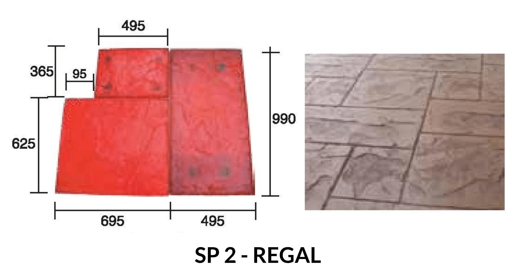 Diagram of stamped concrete pattern, SP 2 Regal. Shows measurements and a finished product.