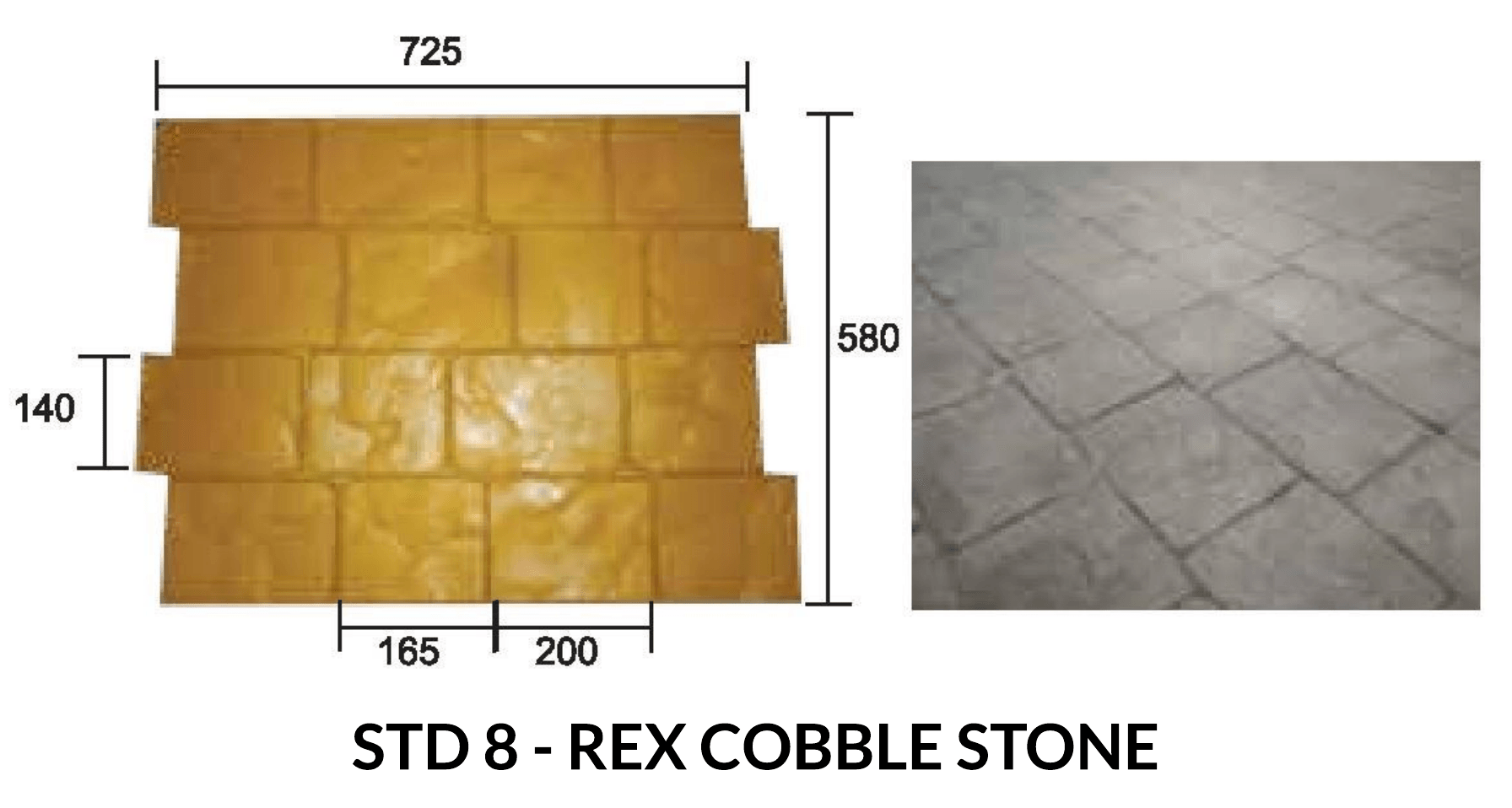 Diagram and photo of a Rex Cobble Stone concrete stamping pattern showing dimensions and stamped surface appearance.