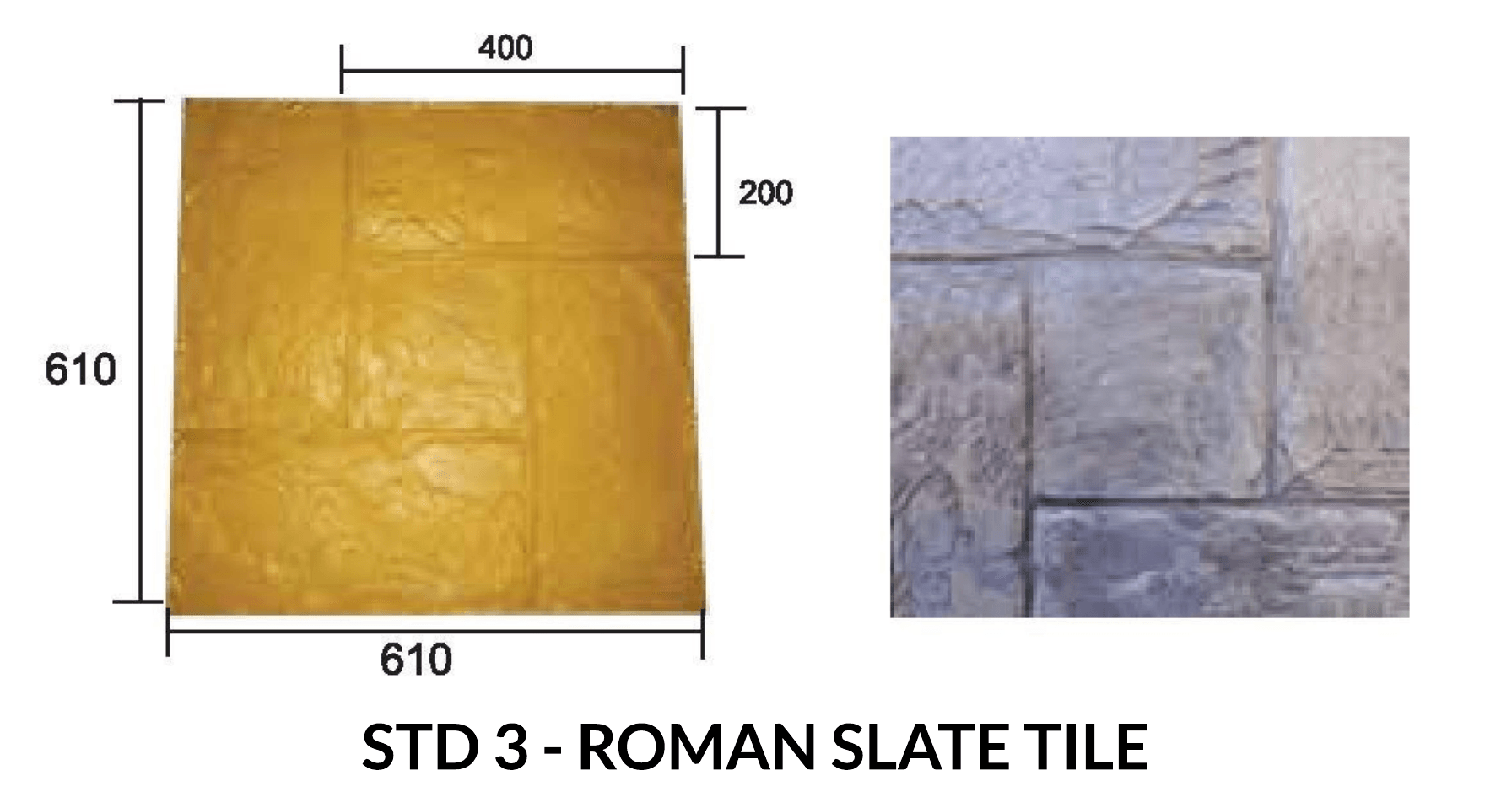Two concrete tiles; one yellow-gold, the other gray, depicting a Roman slate tile pattern with dimensions.