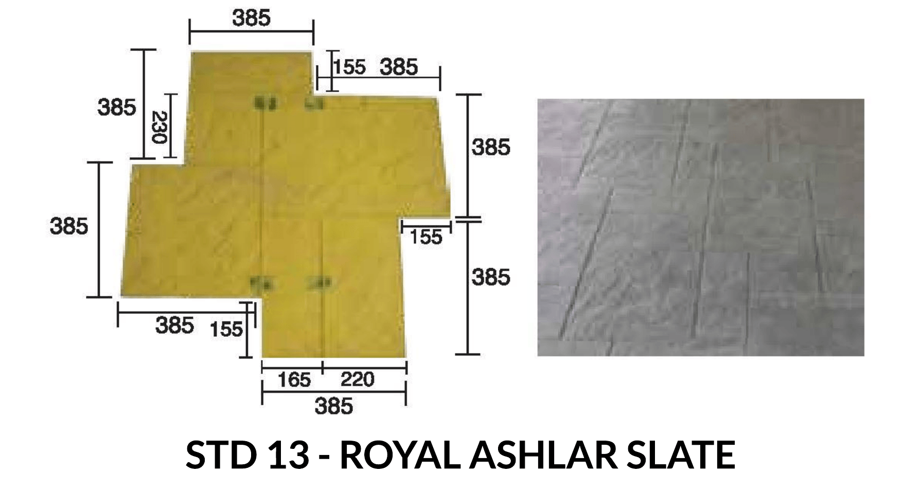 Diagram and sample of Royal Ashlar Slate; includes dimensions in millimeters and a close-up texture view.