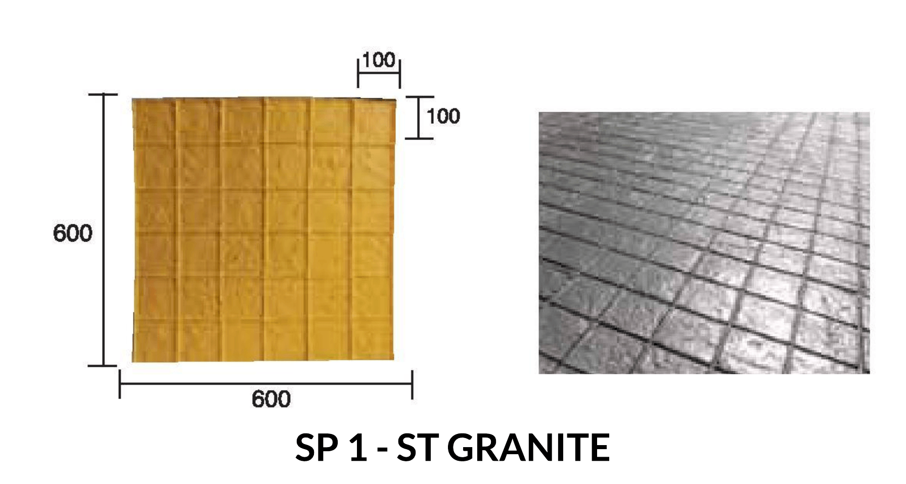 Diagram and photograph of a large square paving stone, with a grid pattern of smaller squares. Yellow-brown and gray colors.