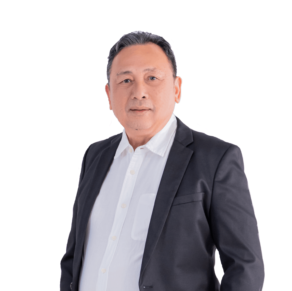 Man in black suit and white shirt, looking forward, smiling slightly.