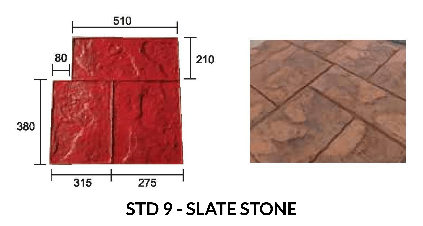 Diagram and photo of a red stamped concrete pattern in a slate stone design with dimensions in millimeters.