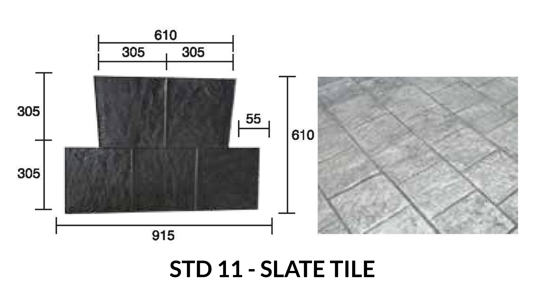 Diagram of gray slate tile with dimensions, next to a photo of the finished product.