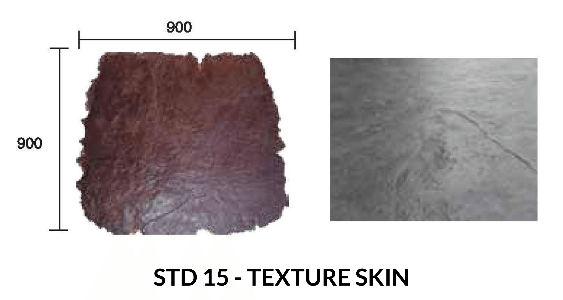 Brown textured skin sample with 900x900 dimensions, next to a grey skin sample, 