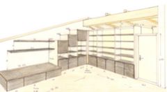 disegno di arredamento su misura, arredamento soggiorno, ampia libreria