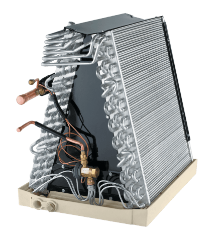 Internal air conditioning unit showing copper tubing, metal coils, and various components.