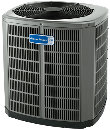 American Standard air conditioner unit, gray metal exterior with black fan on top.