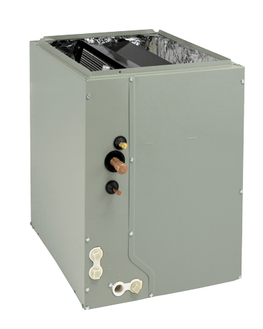 Gray air handler unit with copper pipes and white drain connectors.