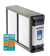 Air purifier with filter, rectangular box shape, Asthma & Allergy Friendly certified, blue and orange sticker on the front.