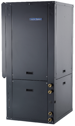 Dark gray commercial HVAC unit with exposed copper pipe connections. Blue Star logo on the front panel.