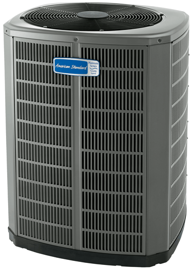 An American Standard air conditioning unit, gray metal with a black top fan, outdoors.