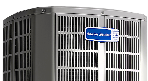 American Standard air conditioning unit, gray with blue logo.